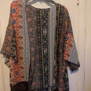 Boho Patterned Kimono Top in Black and Coral